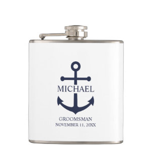 Nautical Navy Blue Anchor Personalized Groomsmen Hip Flask