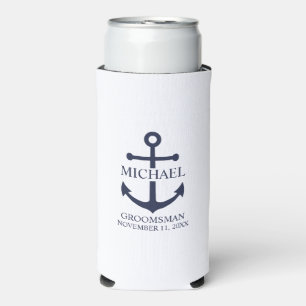 Nautical Navy Blue Anchor Personalized Groomsmen Seltzer Can Cooler