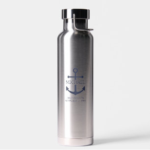 Nautical Navy Blue Anchor Personalized Groomsmen Water Bottle