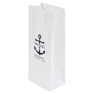 Nautical Navy Blue Anchor Personalized Groomsmen Wine Gift Bag