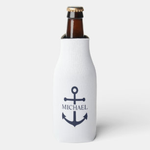 Nautical Navy Blue Anchor Personalized Name Bottle Cooler