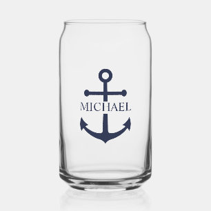 Nautical Navy Blue Anchor Personalized Name Can Glass