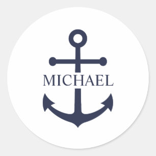 Nautical Navy Blue Anchor Personalized Name Classic Round Sticker
