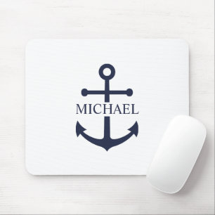 Nautical Navy Blue Anchor Personalized Name Mouse Mat
