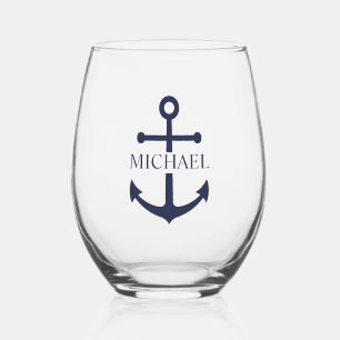 Nautical Navy Blue Anchor Personalized Name Stemless Wine Glass