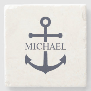 Nautical Navy Blue Anchor Personalized Name Stone Coaster