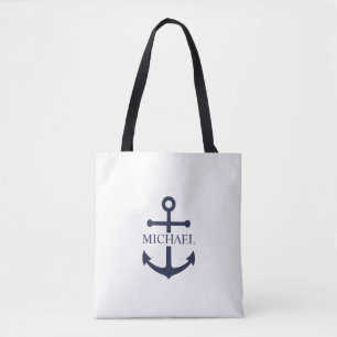Nautical Navy Blue Anchor Personalized Name Tote Bag