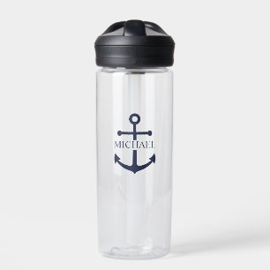 Nautical Navy Blue Anchor Personalized Name Water Bottle