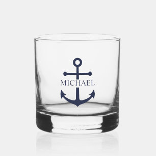 Nautical Navy Blue Anchor Personalized Name Whiskey Glass