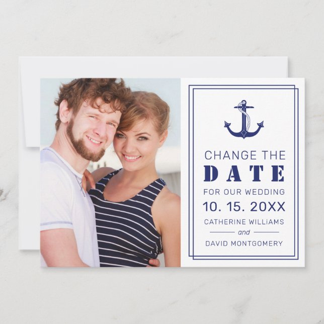 Nautical Navy Blue Anchor Photo Change the Date Save The Date (Front)