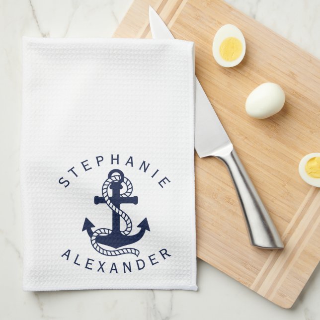 Nautical Navy Blue Anchor {pick your colour} Tea Towel (Quarter Fold)