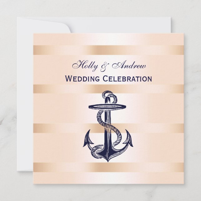 Nautical Navy Blue Anchor Pink BG SQ Wedding Invitation (Front)