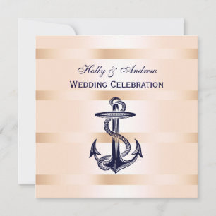 Nautical Navy Blue Anchor Pink BG SQ Wedding Invitation