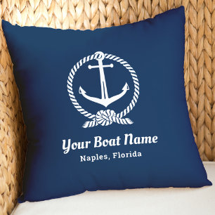 Nautical Navy Blue Anchor Rope Boat Name Cushion