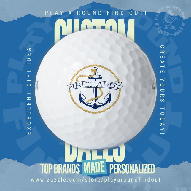 Nautical Navy Blue Anchor Rope Personalised Name Golf Balls (Custom Printed Brand Name Golf Balls By PlayARoundFindOut - Zazzle's premiere golf gift shop)