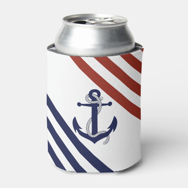 Nautical navy blue anchor/rope, red/blue stripe can cooler (Can Front)