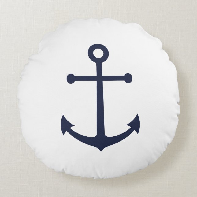 Nautical Navy Blue Anchor Round Cushion (Front)