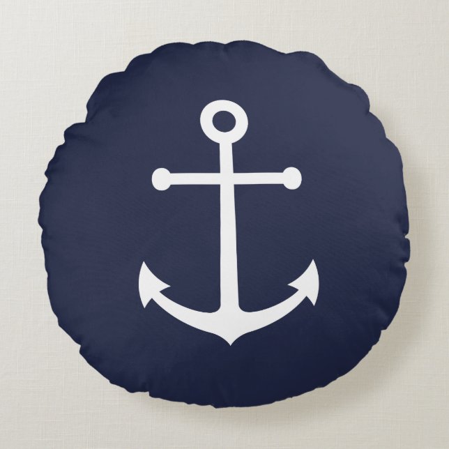 Nautical Navy Blue Anchor Round Cushion (Front)