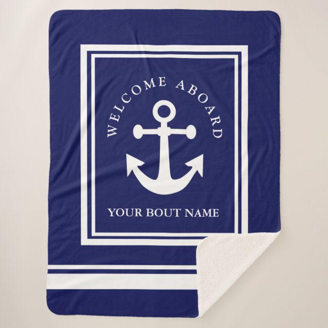 Nautical Navy Blue Anchor  Sherpa Blanket (Front)