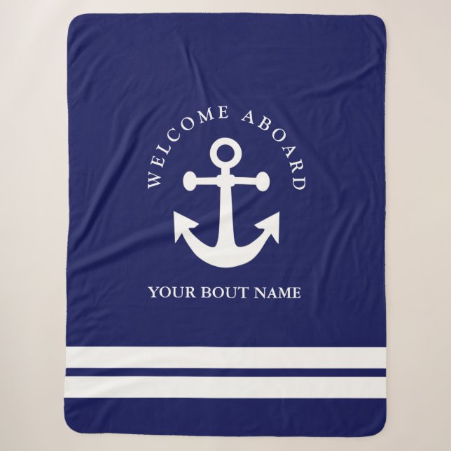 Nautical Navy Blue Anchor  Sherpa Blanket (Front)