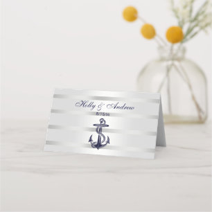 Nautical Navy Blue Anchor Silver White Place Card