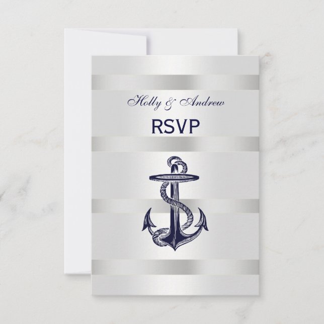 Nautical Navy Blue Anchor Silver White V RSVP Card (Front)