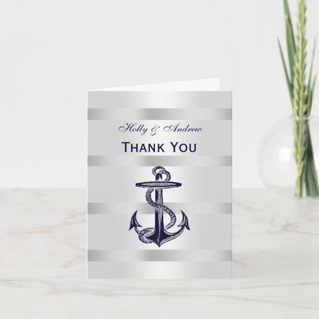 Nautical Navy Blue Anchor Silver White V Thank You Card (Front)