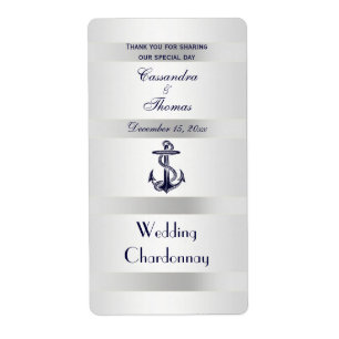 Nautical Navy Blue Anchor Silver Wht V Wine Bottle