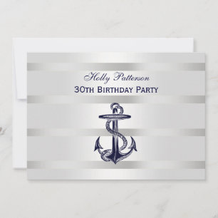 Nautical Navy Blue Anchor Silver Wt BG H Birthday Invitation