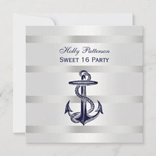 Nautical Navy Blue Anchor Silver Wt BG SQ Sweet 16 Invitation