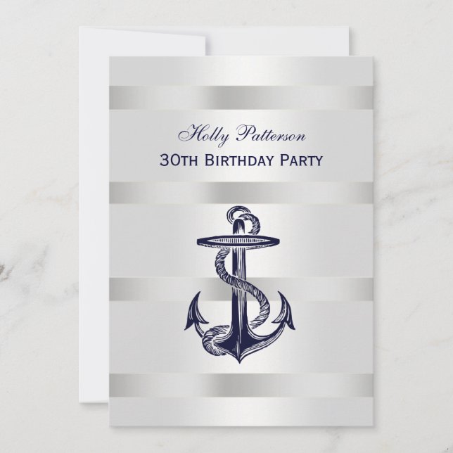 Nautical Navy Blue Anchor Silver Wt BG V Birthday Invitation (Front)