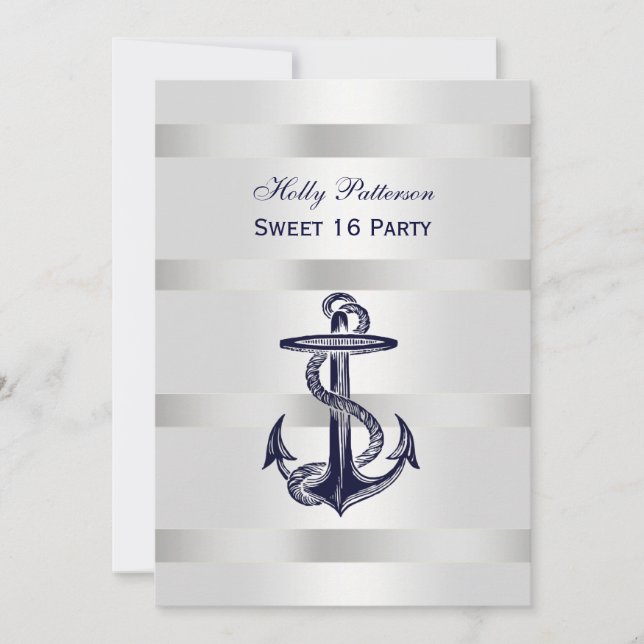 Nautical Navy Blue Anchor Silver Wt BG V Sweet 16 Invitation (Front)