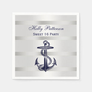 Nautical Navy Blue Anchor Silver Wt BG V Sweet 16 Napkin