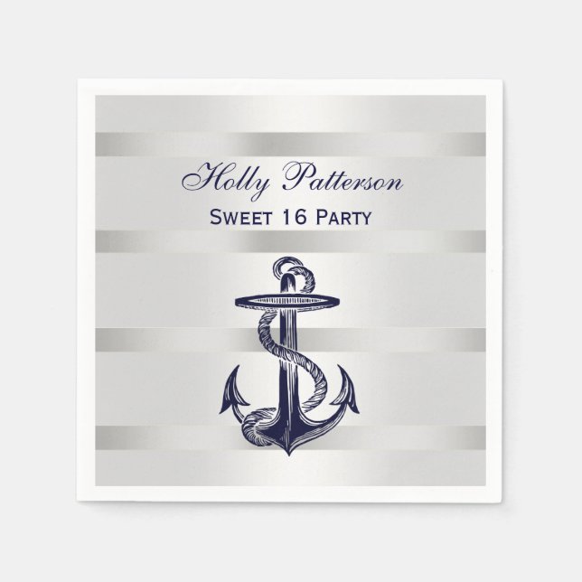 Nautical Navy Blue Anchor Silver Wt BG V Sweet 16 Napkin (Front)