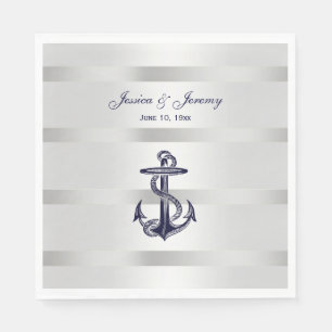 Nautical Navy Blue Anchor Silver Wt BG Wedding Napkin