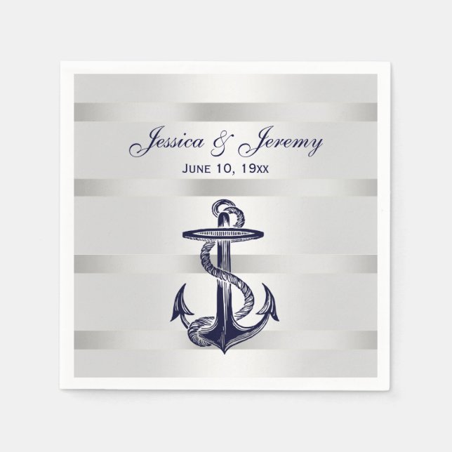 Nautical Navy Blue Anchor Silver Wt BG Wedding Napkin (Front)