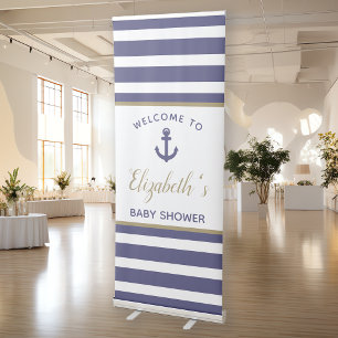 Nautical Navy Blue Anchor Striped Boy Baby Shower Retractable Banner