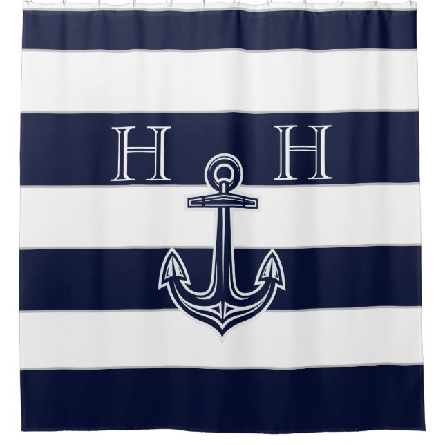 Nautical Navy Blue Anchor Striped Monogram Name  Shower Curtain (Front)