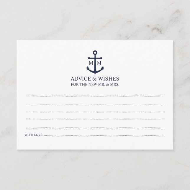 Nautical Navy Blue Anchor Wedding Advice Card (Front)