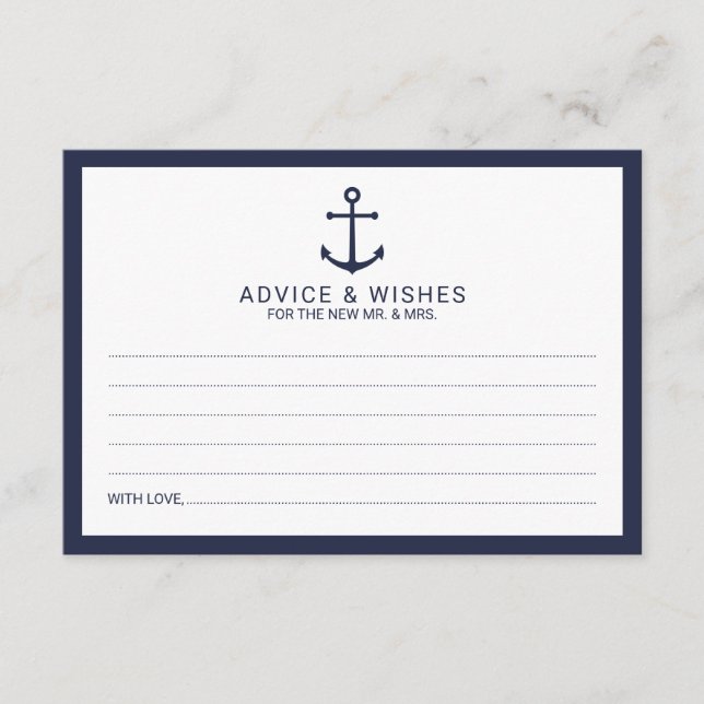 Nautical Navy Blue Anchor Wedding Advice Card (Front)