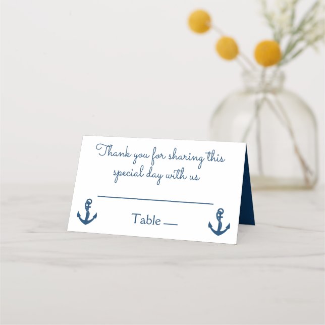 Nautical Navy Blue Anchor Wedding Bridal Shower Place Card (Front)