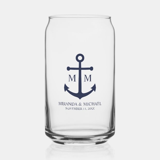Nautical Navy Blue Anchor Wedding Can Glass (Front)