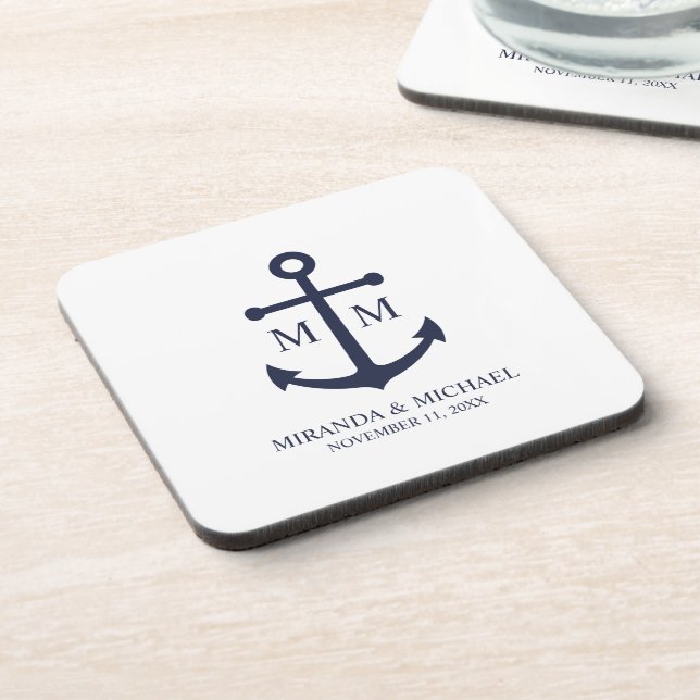 Nautical Navy Blue Anchor Wedding Coaster (Left Side)