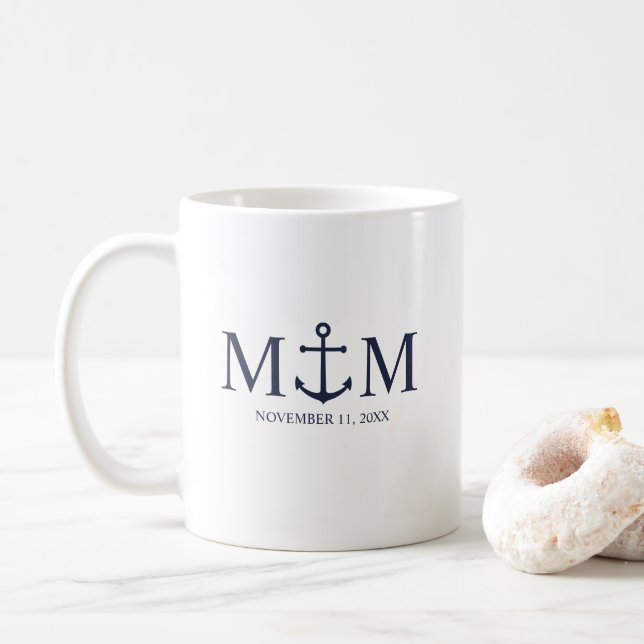 Nautical Navy Blue Anchor Wedding Coffee Mug (With Donut)