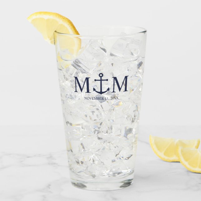 Nautical Navy Blue Anchor Wedding Glass (Front Ice)