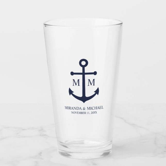 Nautical Navy Blue Anchor Wedding Glass (Front)