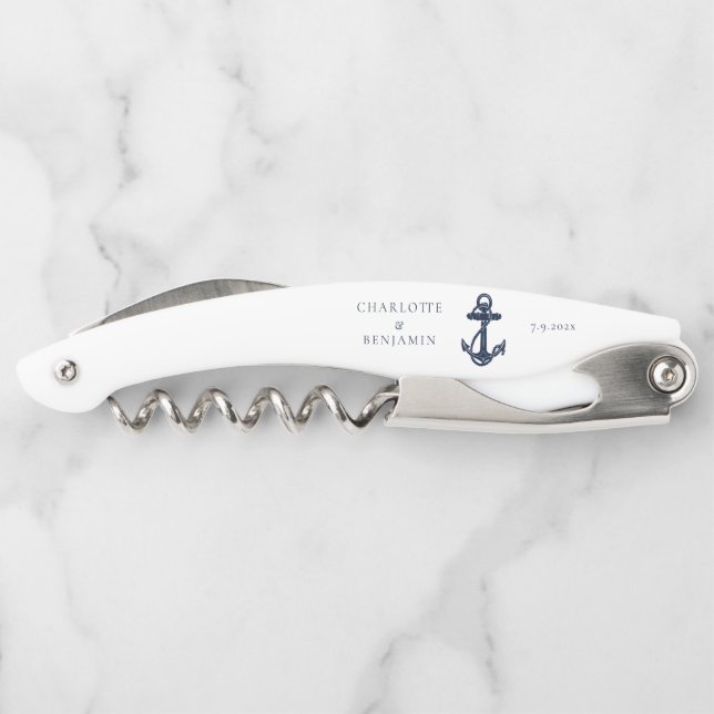 Nautical Navy Blue Anchor Wedding Groomsman Corkscrew (Back)