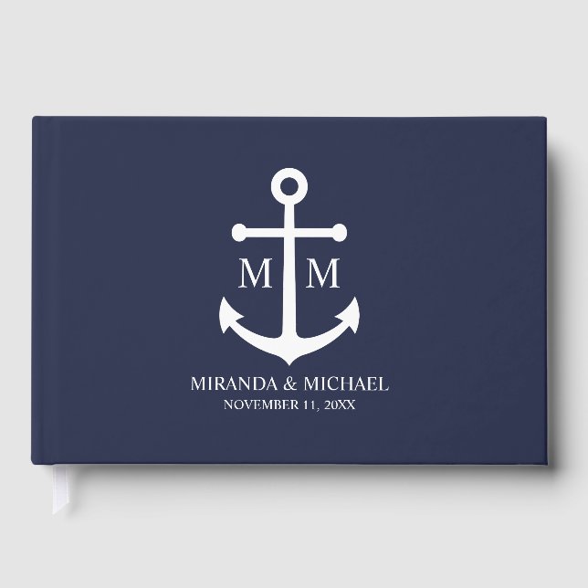 Nautical Navy Blue Anchor Wedding Guest Book (Front)