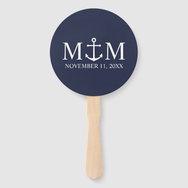 Nautical Navy Blue Anchor Wedding Hand Fan (Front)