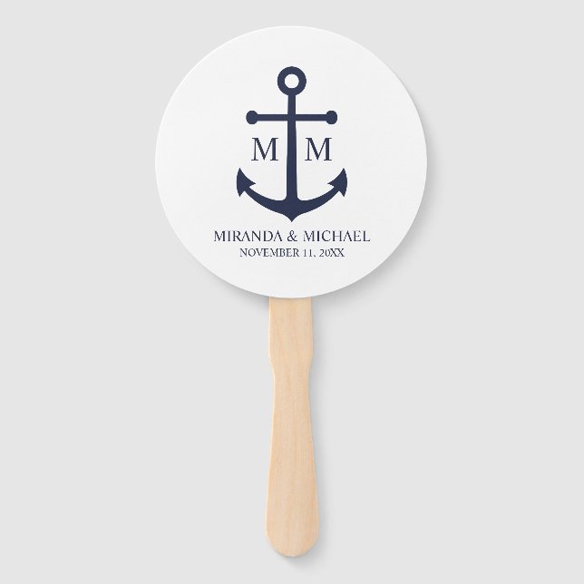 Nautical Navy Blue Anchor Wedding Hand Fan (Front)